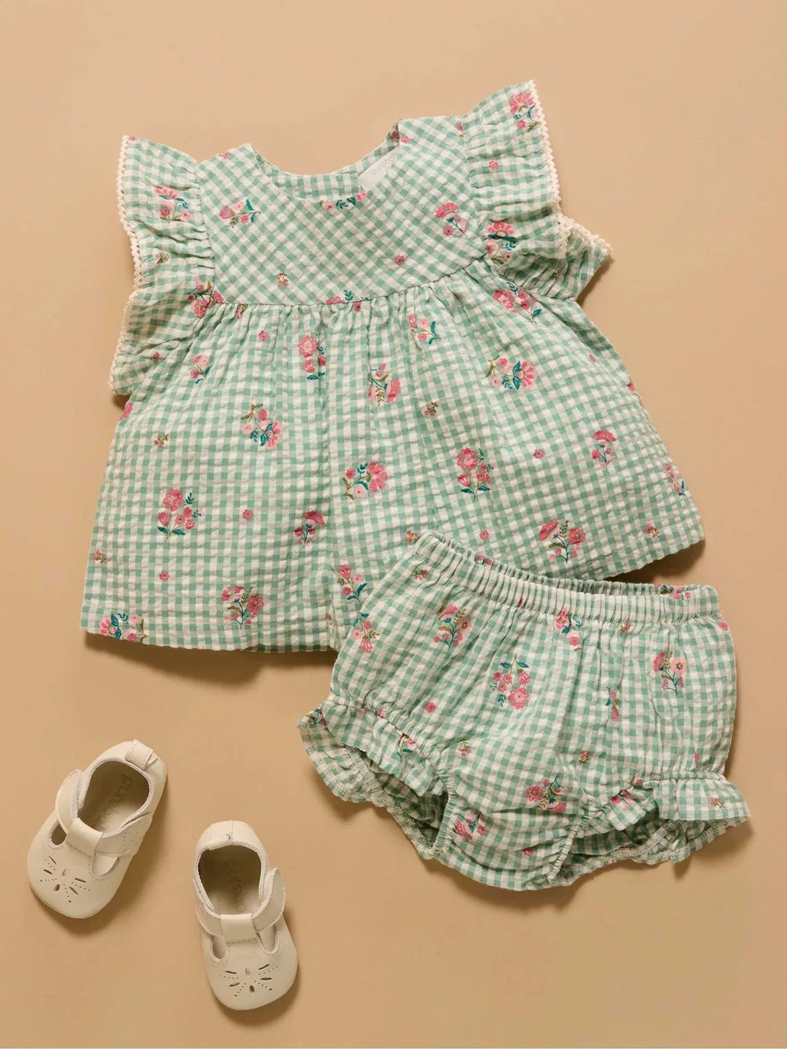 Комплект из футболки и шорт, модель Frida Gingham Purebaby, зеленый — фото 3