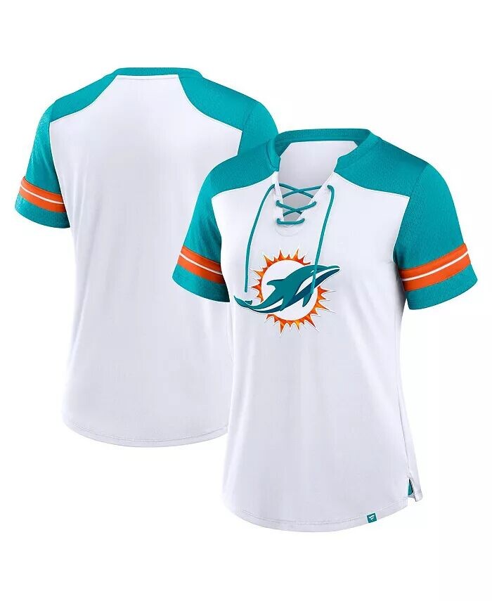 

Женская белая/голубая футболка Miami Dolphins с основной шнуровкой из фольги Fanatics, белый