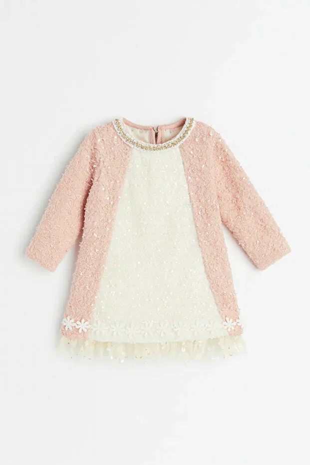 Детское платье для девочек с длинным рукавом Floral Embroidered Crew Neck Dress For My Baby, Pink