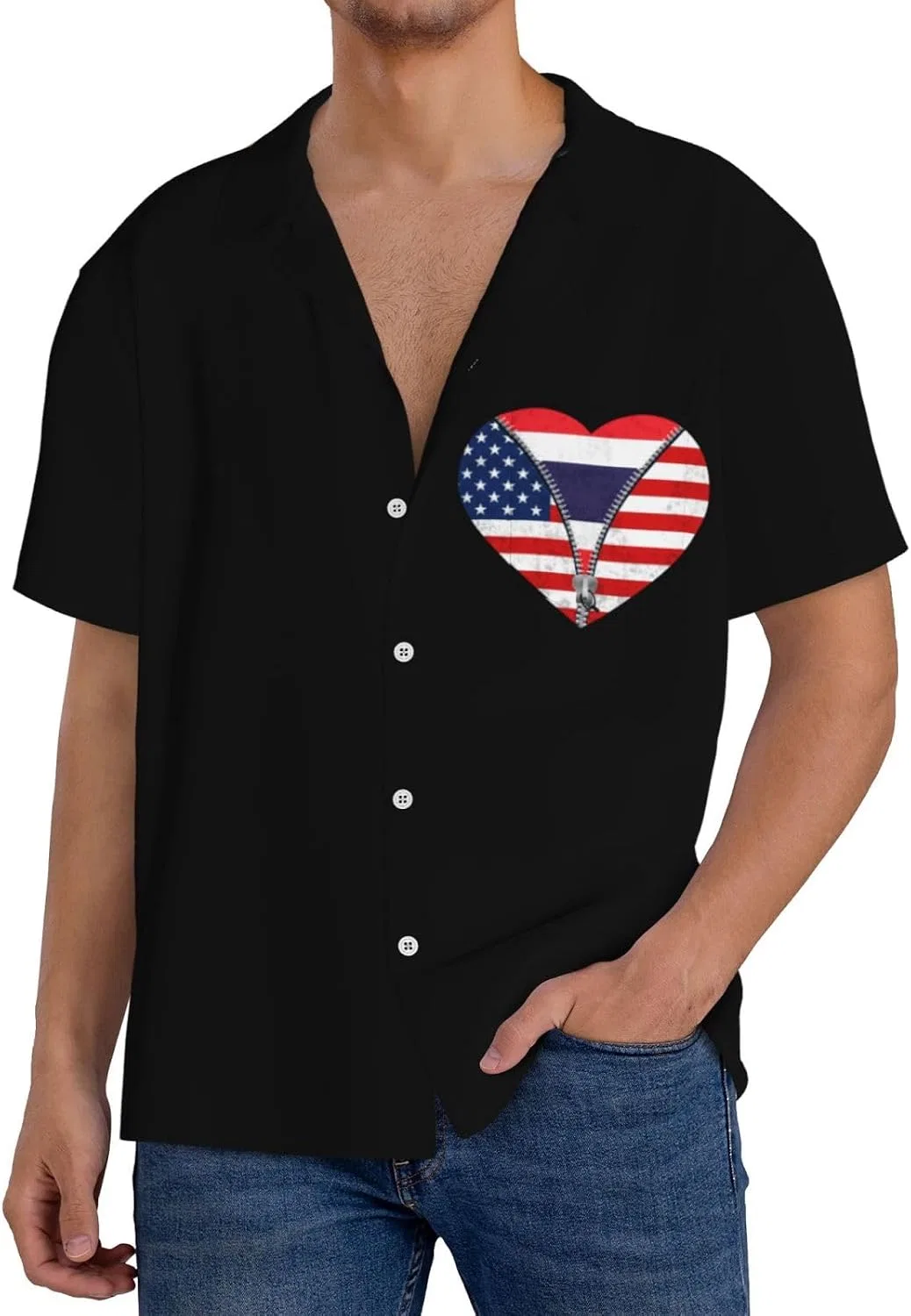 Мужская повседневная рубашка с сердцем America Flag и Thailand Flag, Black