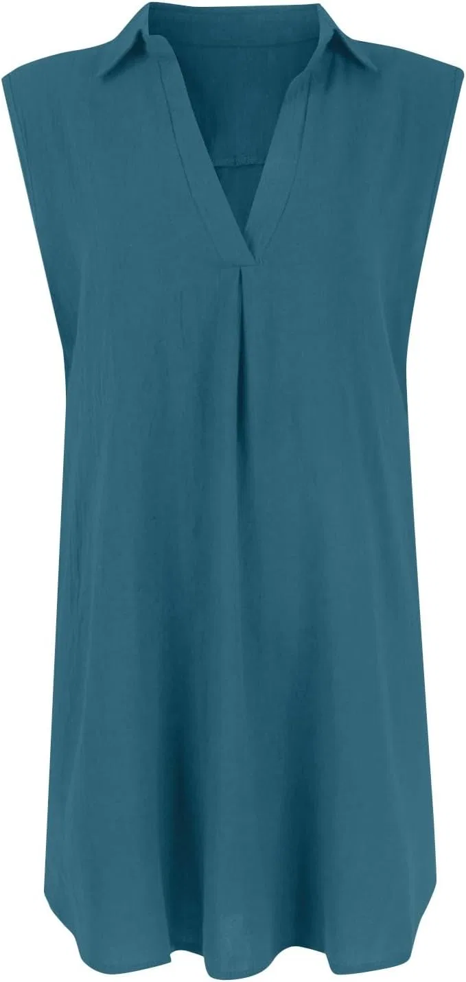 Женское платье мини V-образным вырезом без рукавов Cotton Linen, Royal Blue — фото 4
