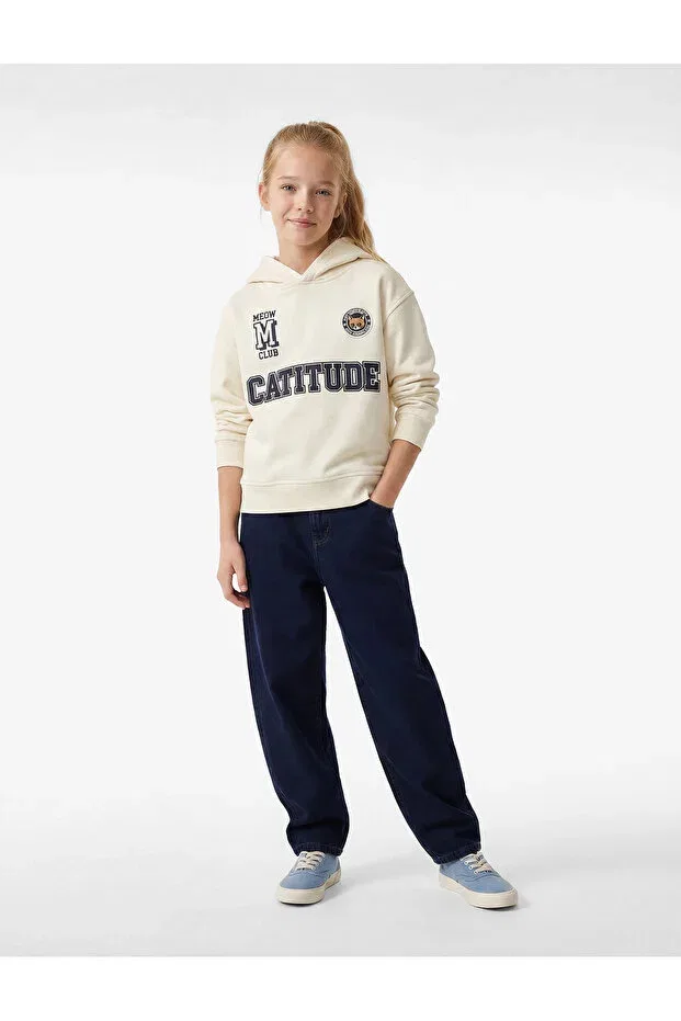 Детские свитшот для девочек с принтом Cotton Embroidery Detailed Long Sleeve Hooded Koton, Beige