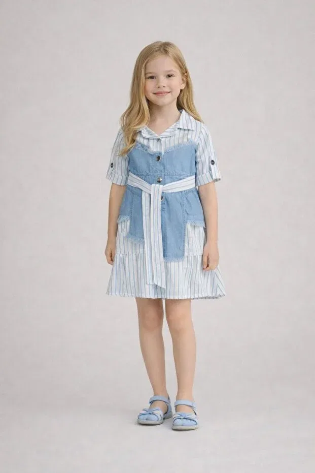 Детское платье для девочек хлопковое с принтом Girl'S Striped Denim Detailed Belted Dress Wees Mod, Blue