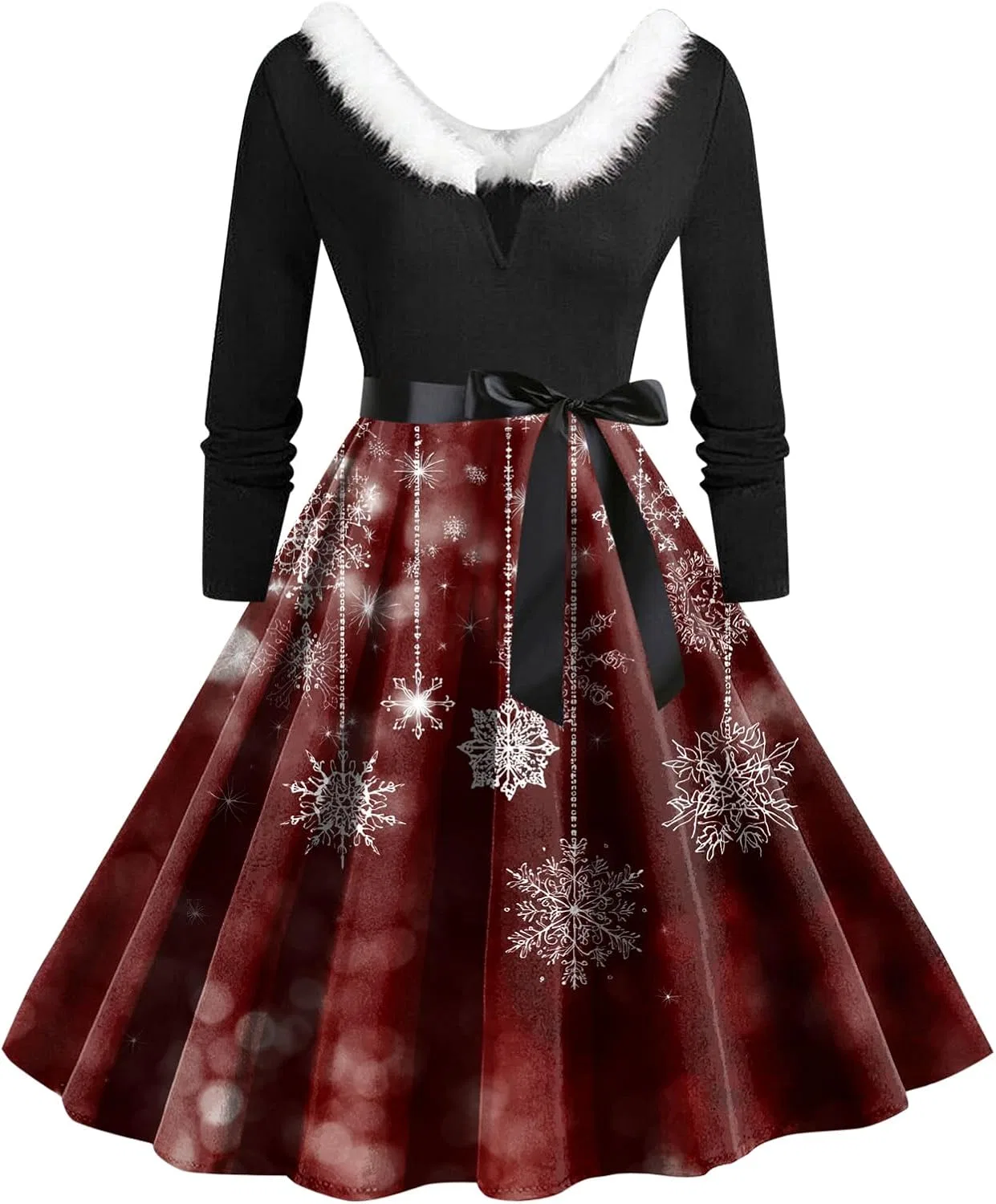Женское платье-трапеция с глубоким вырезом и принтом, Christmas Print Dresses for Women, винный