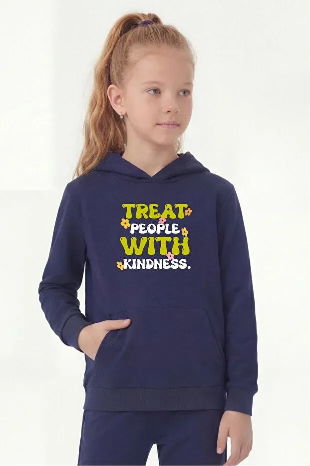 Детское худи для девочек с принтом Kangaroo pocket hooded print detailed girls' kangaroo top Panios Kids, Navy Blue — фото 2