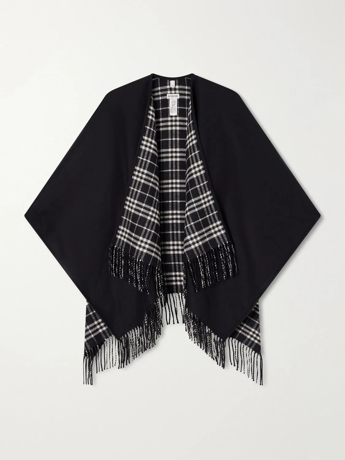 Двустороннее шерстяное пончо в клетку с бахромой BURBERRY, черный