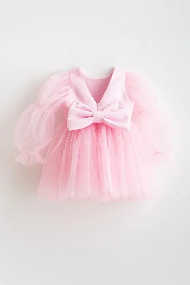 Детское платье для девочек с блестками Pearlie ruffled sleeve glitter tulle girls' dress Banamio, Pink — фото 3