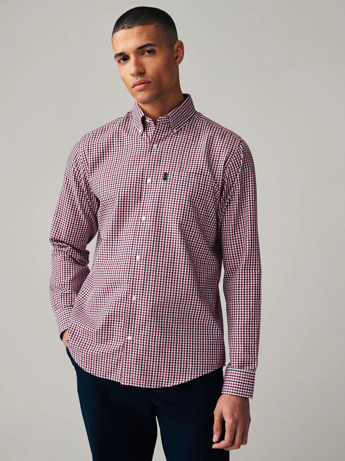 Рубашка оксфордская, клетка гингам, Red Gingham Regular Fit Easy Iron Button Down Next, Red Gingham