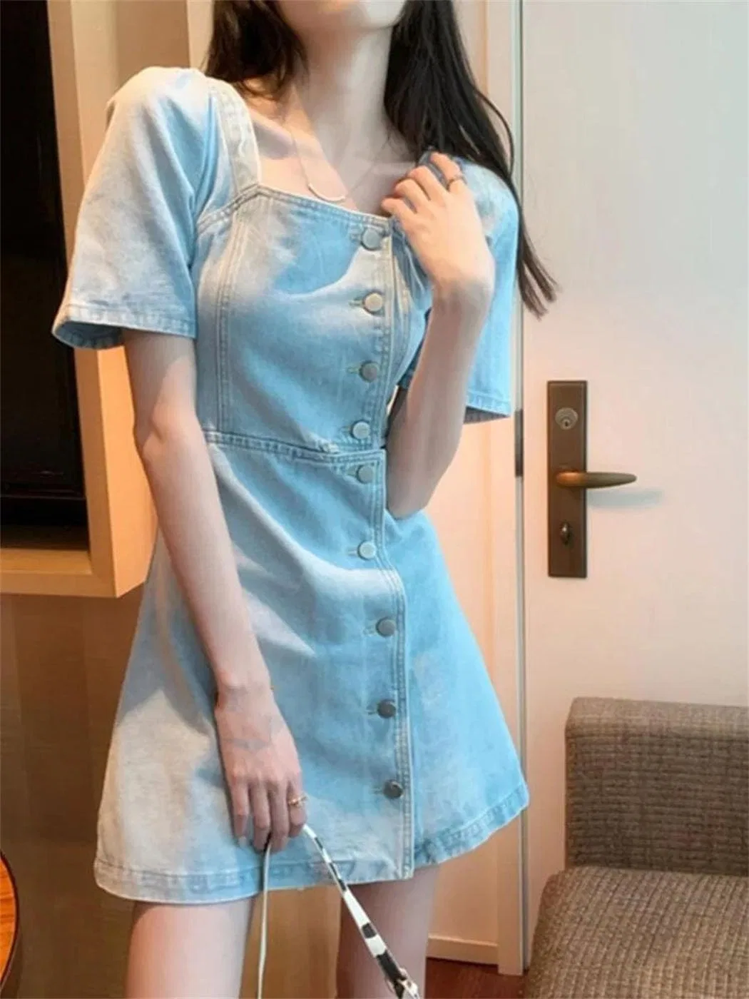 Женское джинсовое платье с открытыми плечами Retro, Blue — фото 3