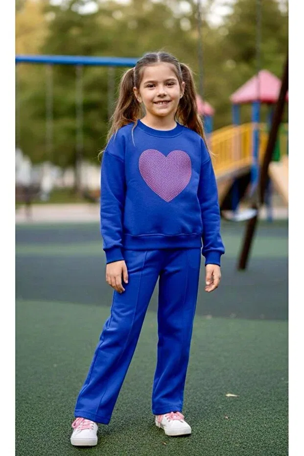 Детский комплект спортивного костюма для девочек с принтом Stone-Embellished girls' tracksuit set Kids Clup, Saks Blue