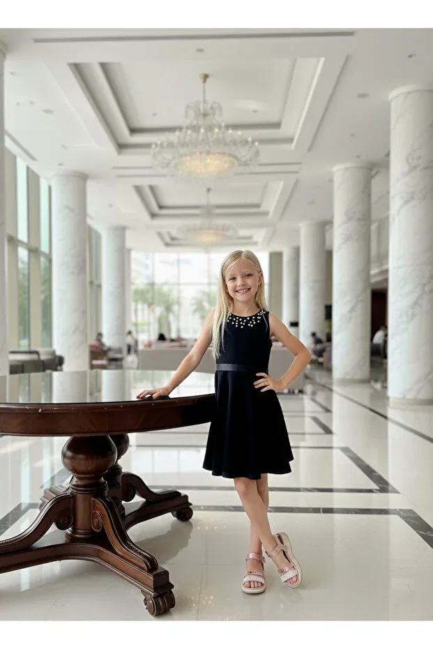 Детское платье для девочек с жаккардовым узором Pearl Collar Girls' Dress Wena Kids, Black — фото 3
