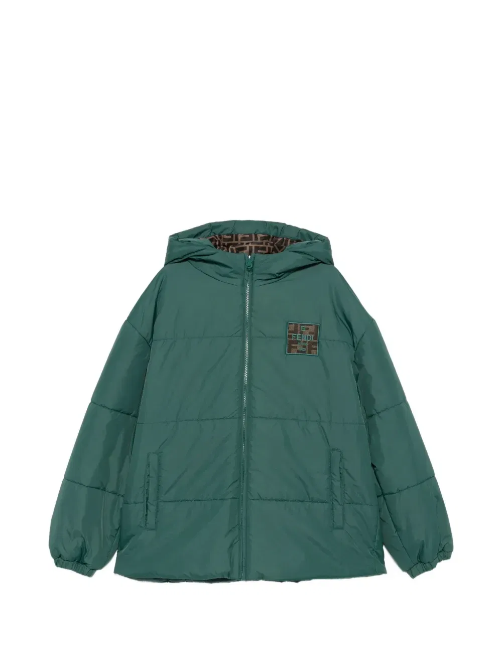 Пуховик с капюшоном и нашивкой-логотипом FF FENDI KIDS, зеленый