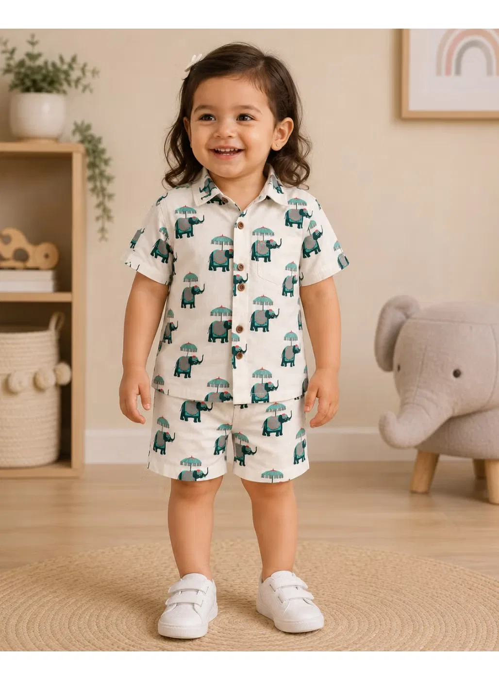 Комплект детский с принтом слонов и зонтов 2 предмета Matching Family Outfits, белый — фото 3