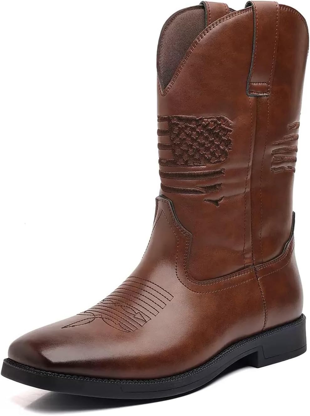 

Противоскользящие сельские сапоги Классические вышитые сапоги Ковбойские сапоги для мужчин Квадратный носок, массивный каблук, сапоги средней длины Generic, коричневый