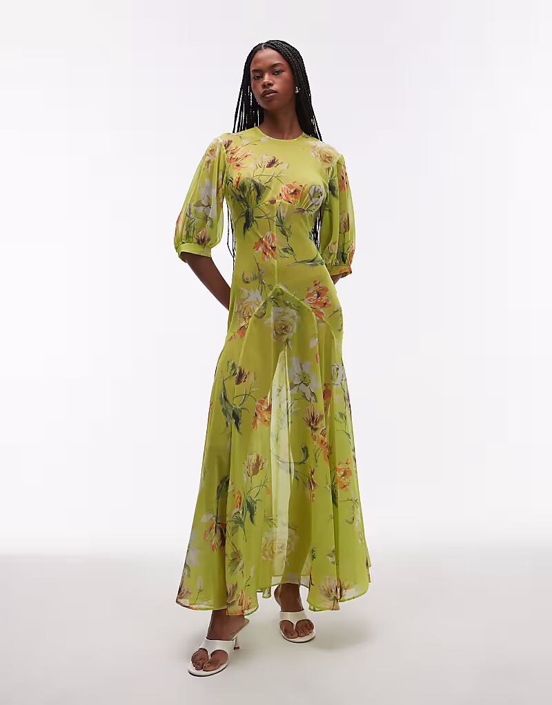 

Длинное чайное платье ASOS DESIGN с прозрачными швами зеленого цвета с винтажным цветочным принтом
