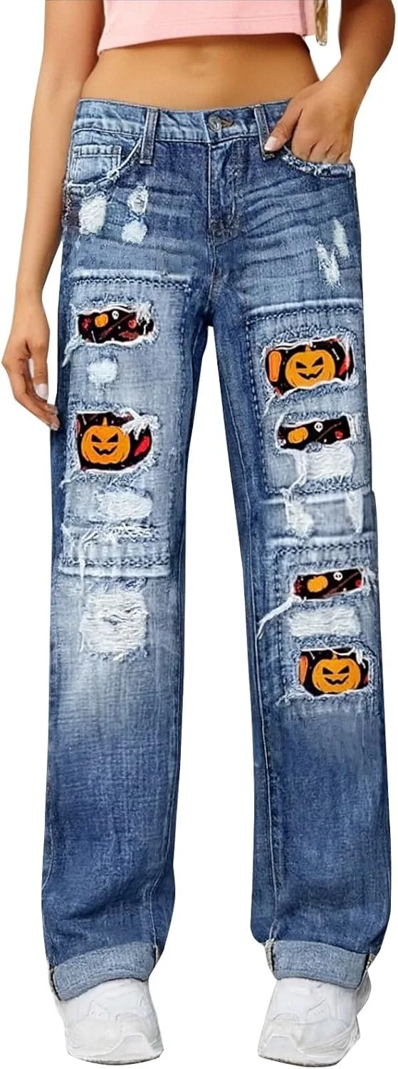 Джинсы женские Plus Size High Waisted Straight Leg с потертостями и заплатками