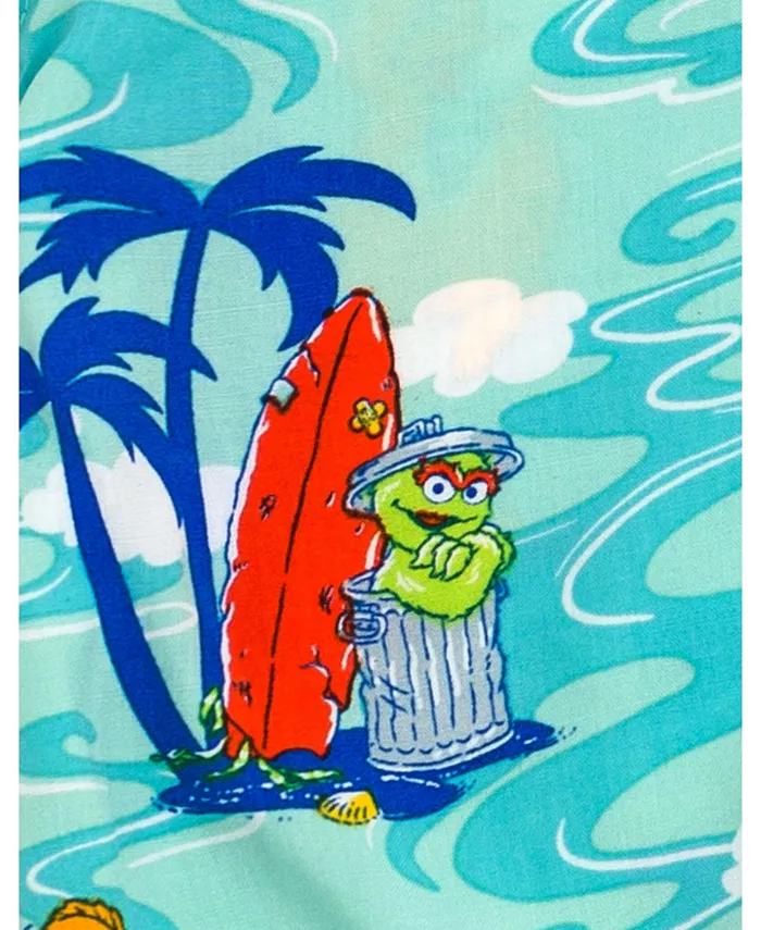 Детская гавайская рубашка на пуговицах для девочки с принтом Bird, Cookie Monster, Elmo и Oscar the Grouch в семейном стиле Sesame Street, синий — фото 3