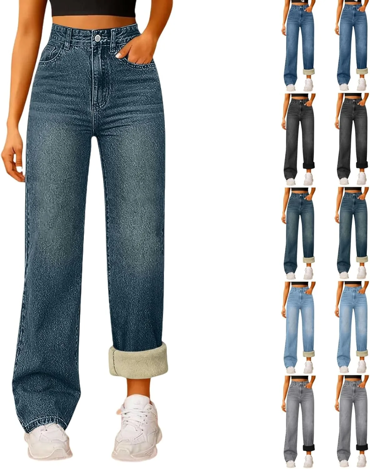 

Женские джинсы на флисе с высокой талией и широкими штанинами