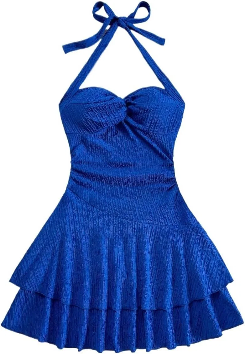 Женское повседневное мини-платье на бретелях с запахом, без спины, Royal Blue