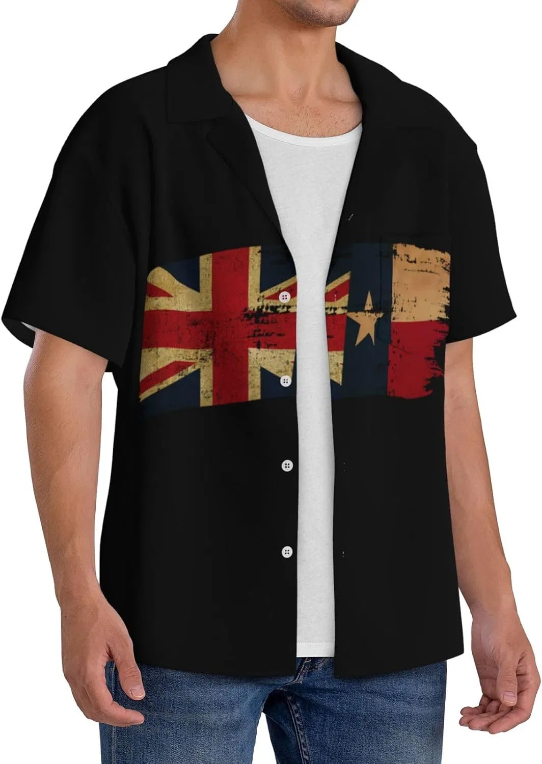 Мужская свободная рубашка с Куба-воротником Texas Britain Flag, Black — фото 2