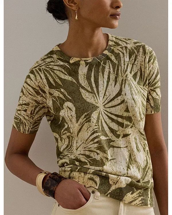 Женский свитер с принтом Petites Palm Frond Print Short Sleeve Sweater Ralph Lauren, Farm Olive — фото 4