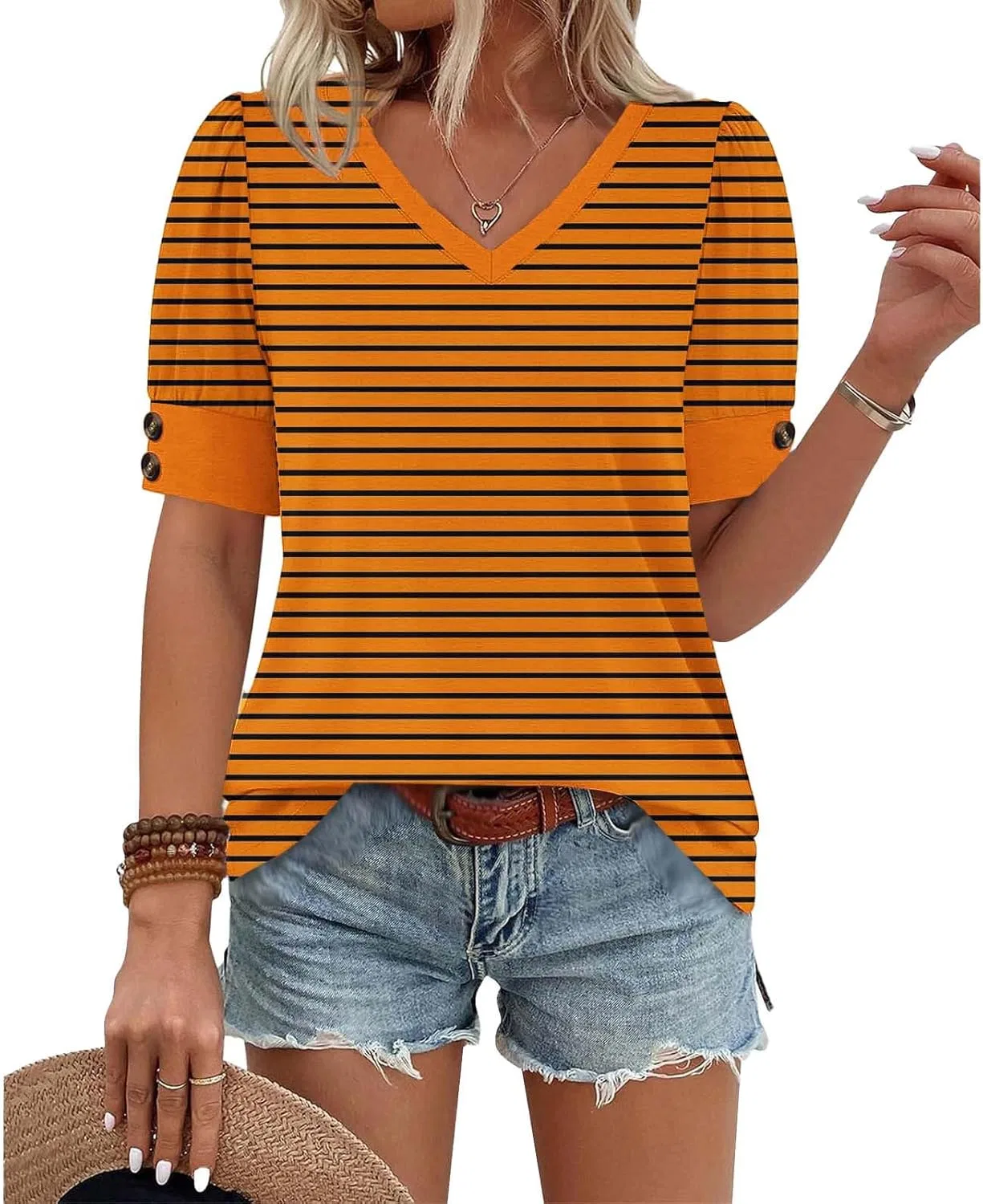 Футболка с v-образным вырезом, оверсайз, полосатая, Orange — фото 4