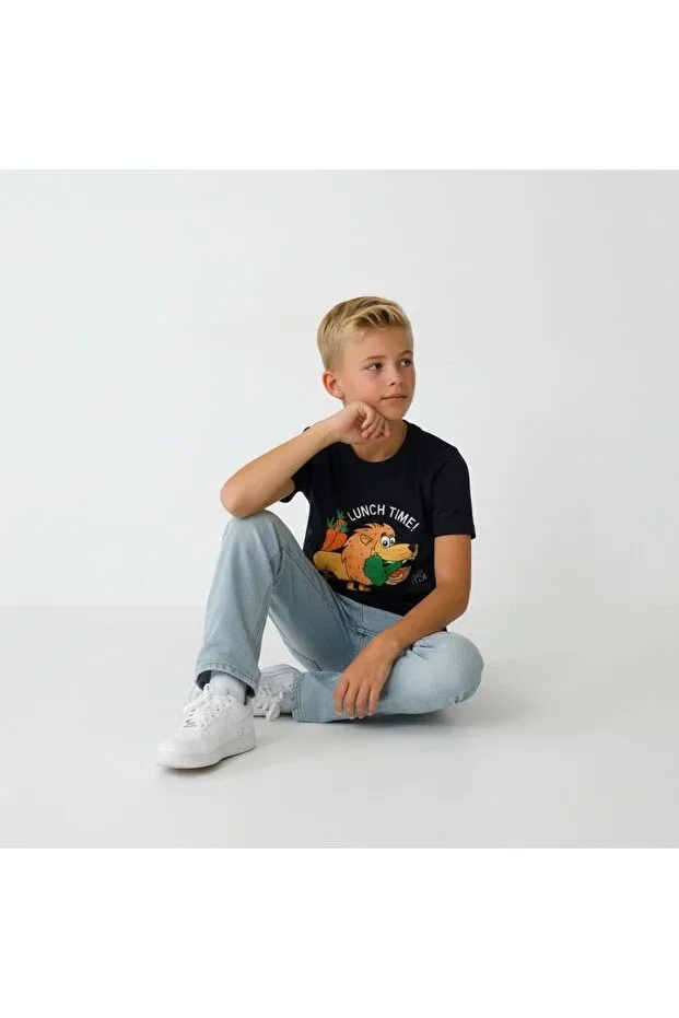 Детская футболка для мальчиков с принтом Cotton Vegan Lion Lunch Edoy, Navy Blue — фото 3
