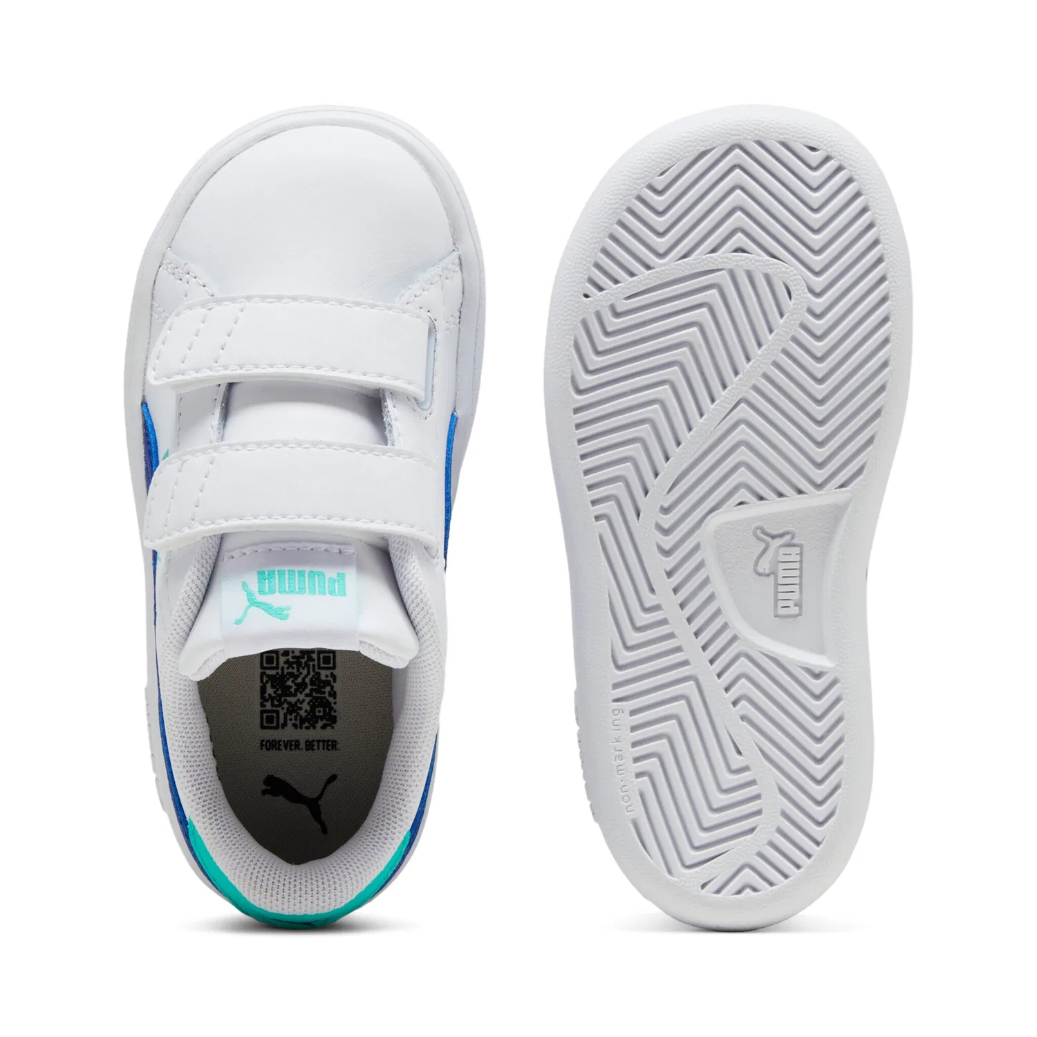 Детские кожаные кроссовки с липучкой PUMA White-Vivid Blue-Aquatic — фото 4