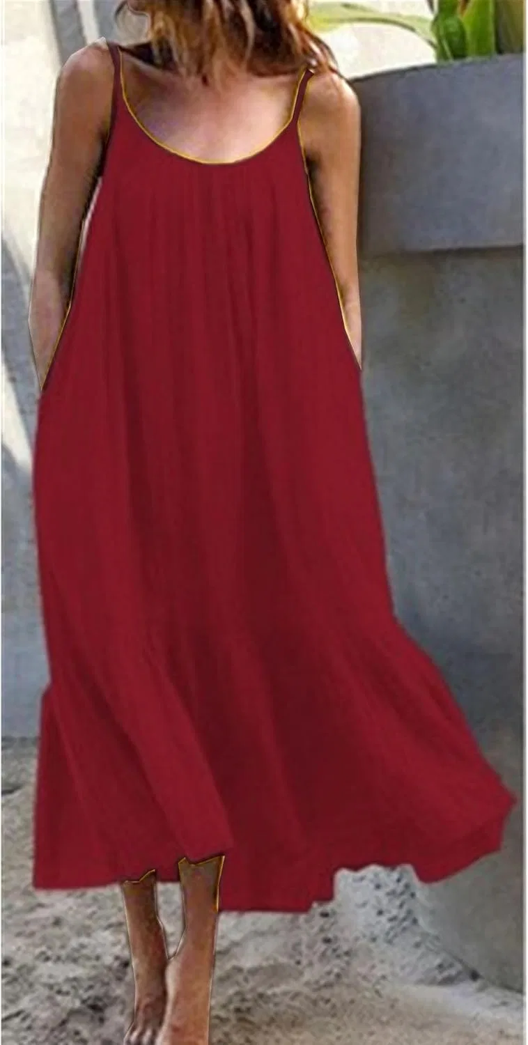 Женское летнее макси-платье на бретелях с рюшами, Wine Red — фото 2