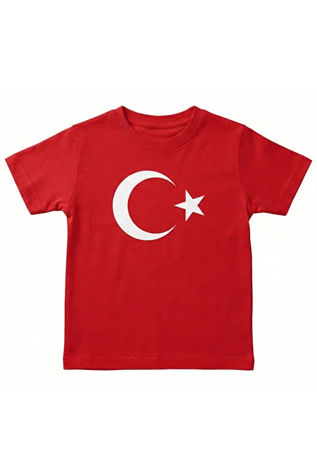 Детская футболка с принтом Zero Collar Short Sleeve White Moon-Star Turkish Flag Printed Red 23 April Children's The Woow, Red — фото 3