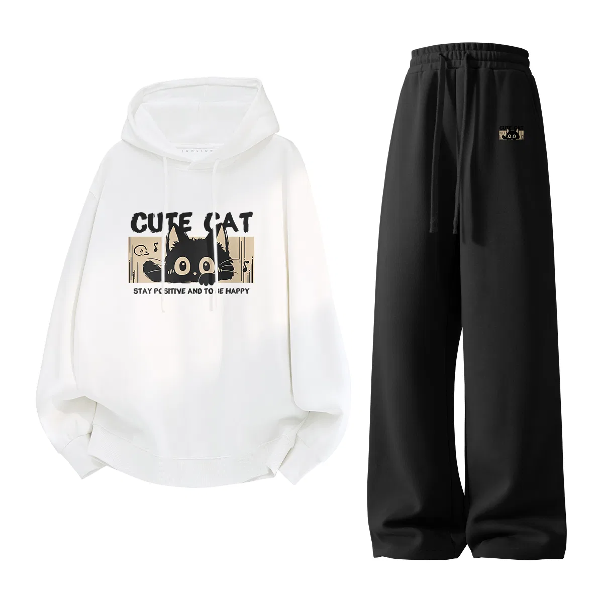 Детский комплект свитшотов с принтом Tonlion Tang Lion Hip Hop Street Style Cartoon Fun Cat Print, Цвет White+Black