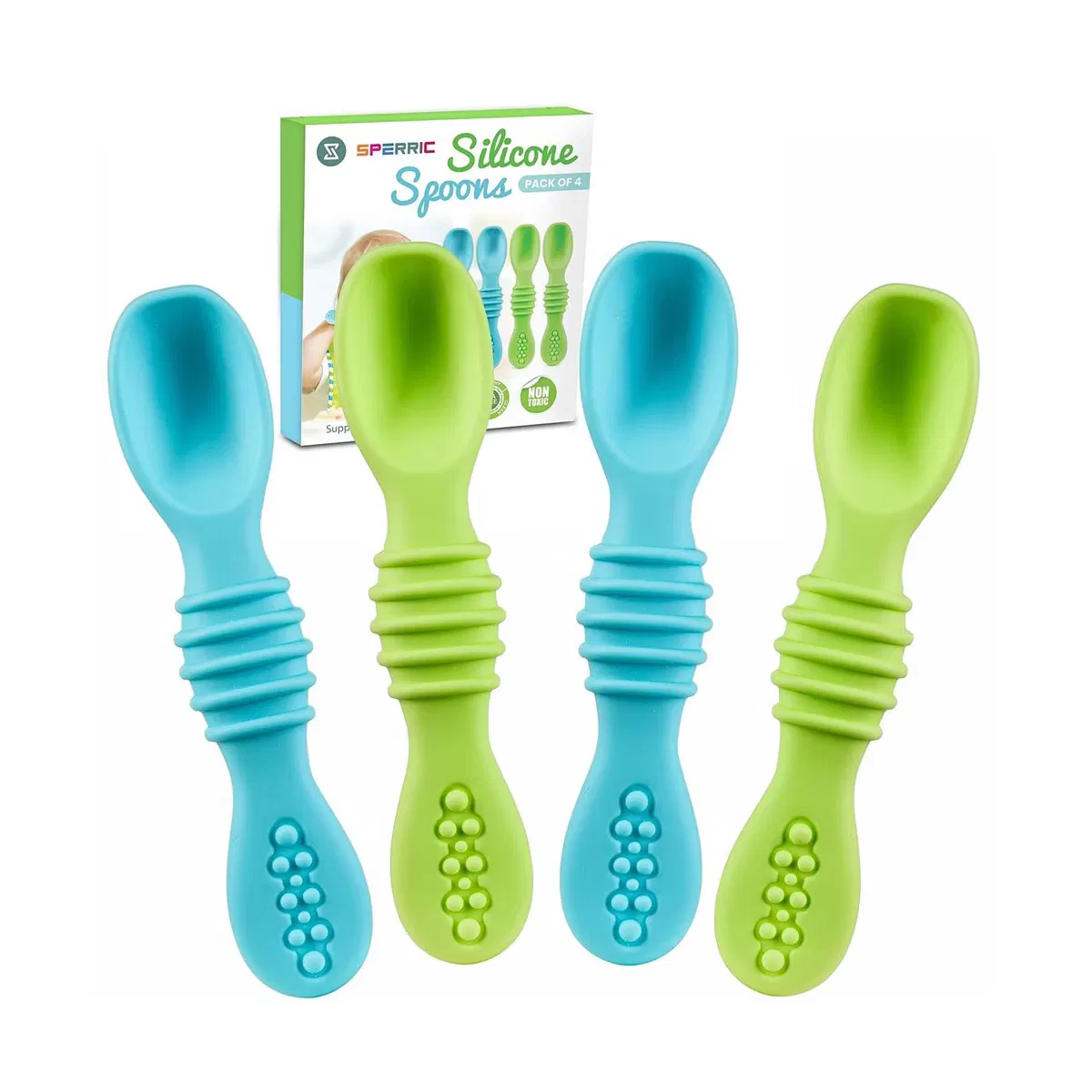 Ложки детские силиконовые для прикорма 4 шт, набор Sperric, Blue/Green