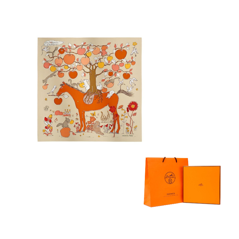 

HERMES Шарф из шелковичного шелка с животным принтом Unisex Beige/Ripe Orange/White