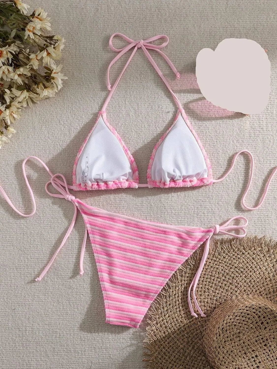 Женский бикини-сет с высокой талией и галстуком на спине, Striped, Pink — фото 4
