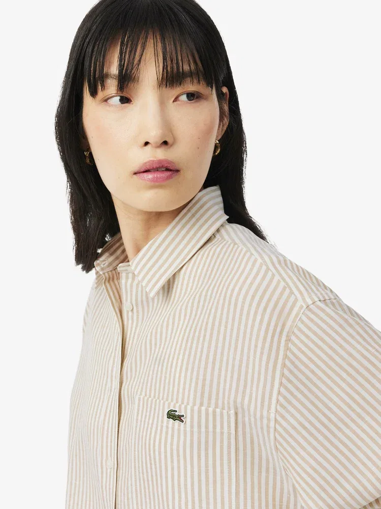 Рубашка LACOSTE Beige в полоску из льняной смеси — фото 2