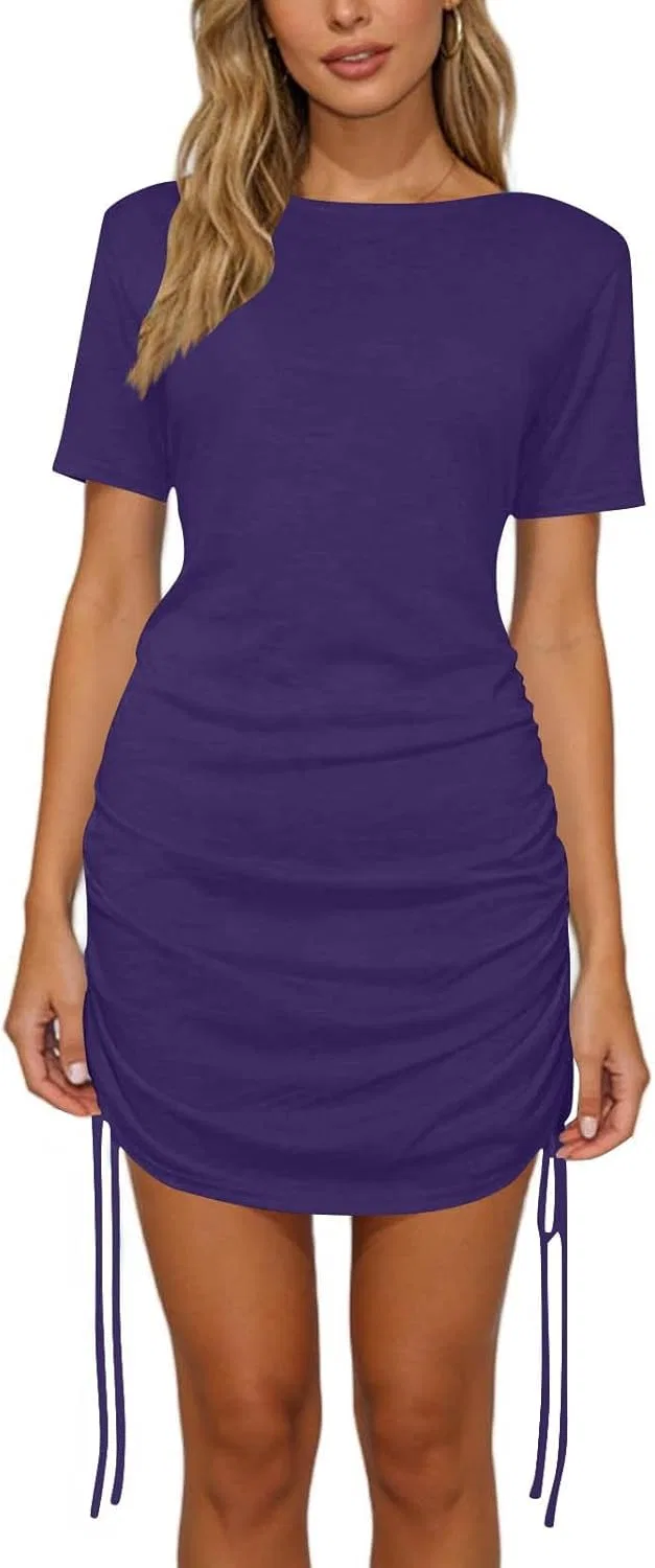 Женское мини-платье с коротким рукавом и драпировкой, Purple — фото 3