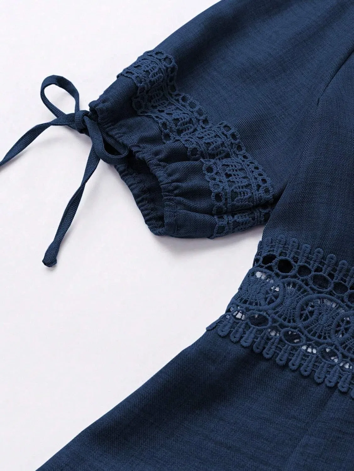 Женское платье А-силуэта с кружевом V-образным вырезом и воланами, Navy Blue — фото 2