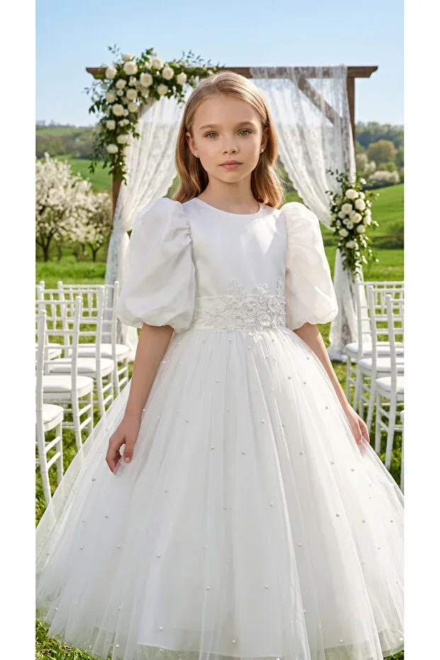 Детское платье для девочек с длинным рукавом Pearl detailed tulle skirt girl's evening dress Lindissima, White