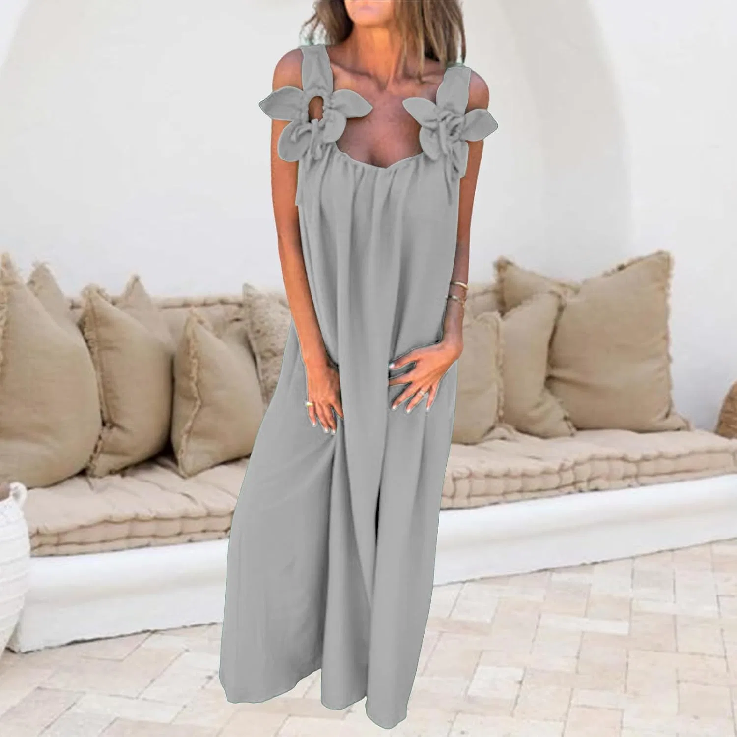 Женское летнее платье миди с цветочными бретелями, Grey — фото 2