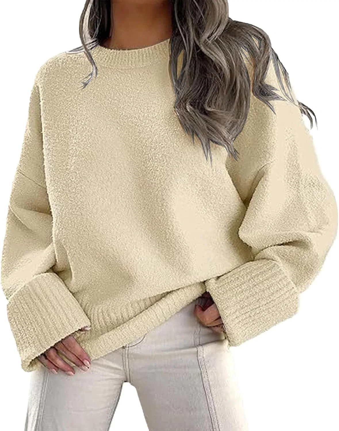 Женский пуловер оверсайз с ворсом, Fuzzy Chunky Warm Pullover, абрикосовый