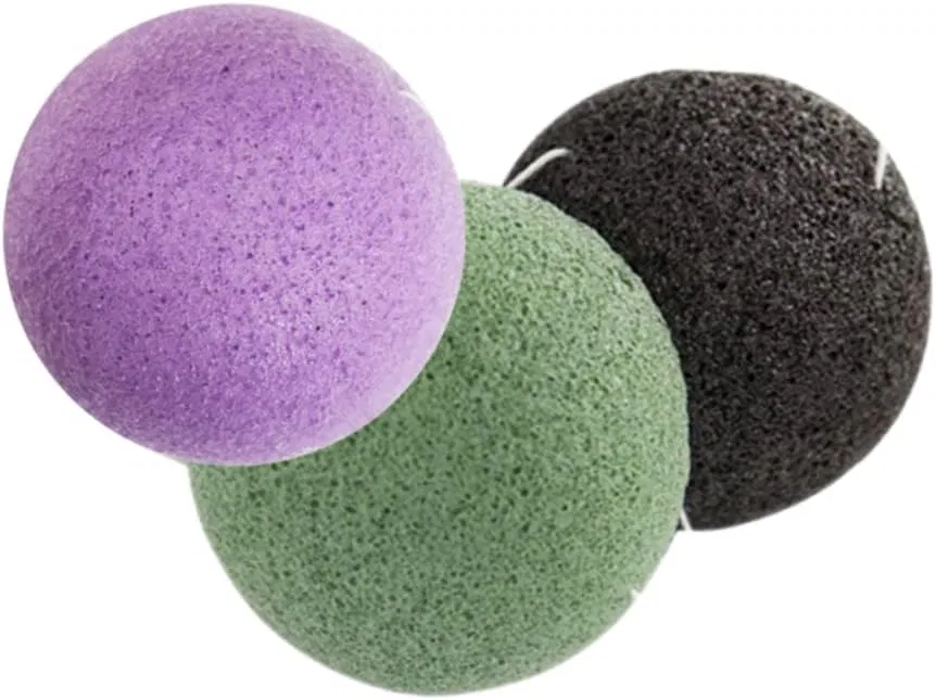 Губка для лица Konjac, FRCOLOR, набор 3 шт, 7x7x3.5 см, Black, Green, White