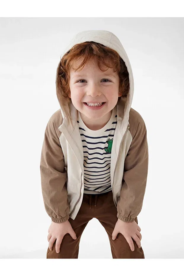 Детское зимнее пальто для девочек с капюшоном Color Block Kangaroo Pocket Detail Zip Detail Hooded Transitional Jacket Koton, Ecru — фото 2