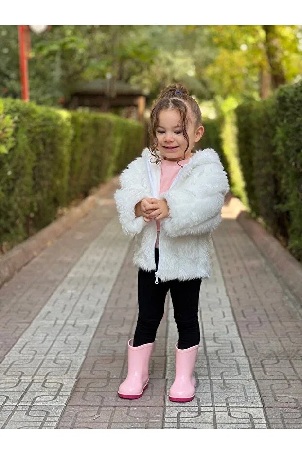 Детское пальто для девочек с капюшоном из меха Ares Kids Fashion, Beige — фото 2