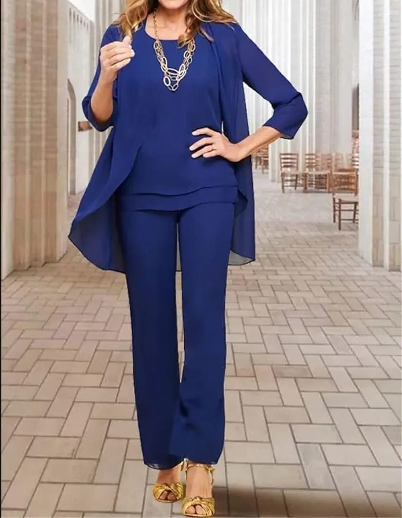 Женский брючный костюм из шифона с жакетом, Navy Blue — фото 3