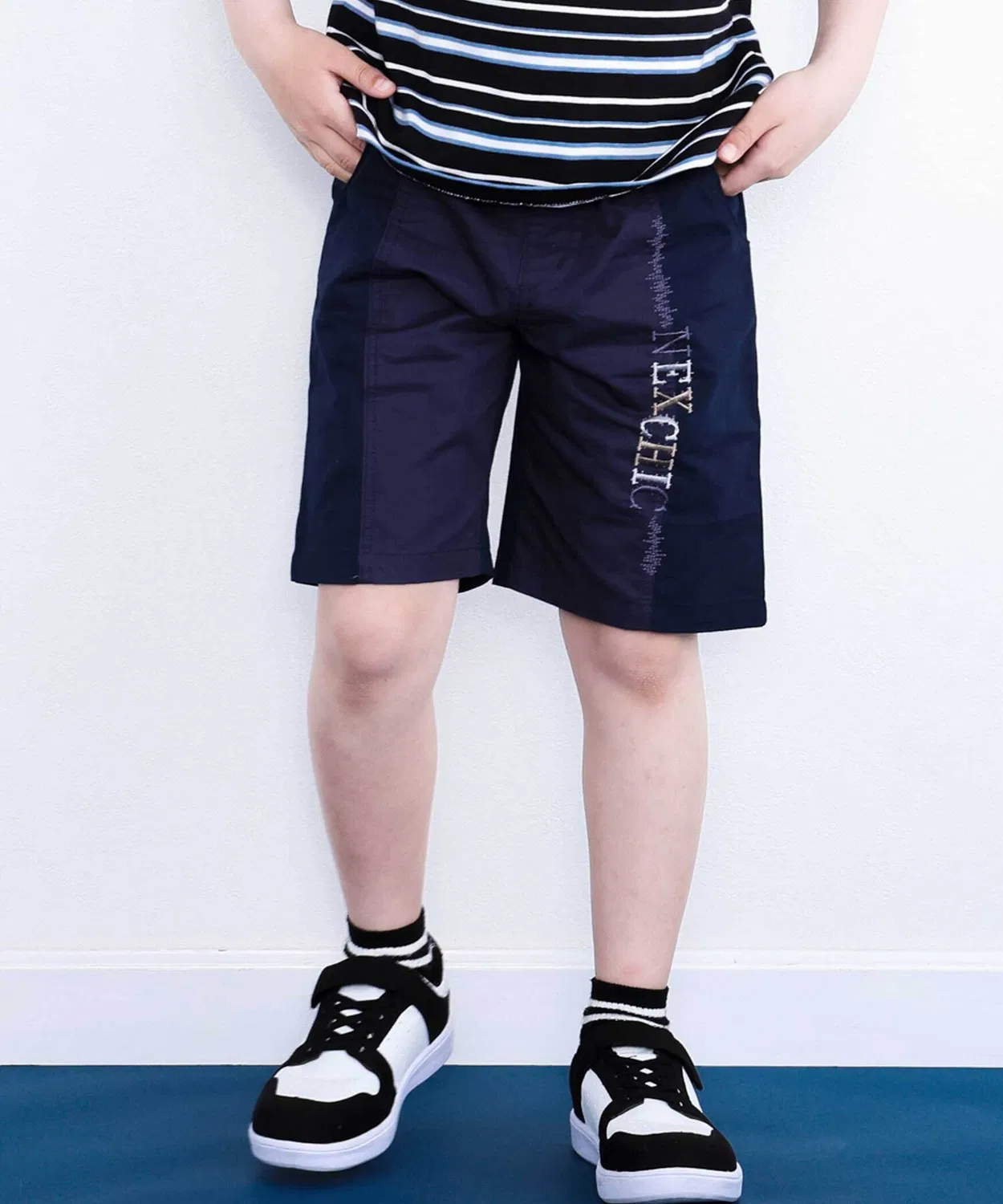 Детские шорты для мальчиков с принтом и логотипом, модель Front Switch Logo Embroidery Twill Half Pants, nexchic, Navy
