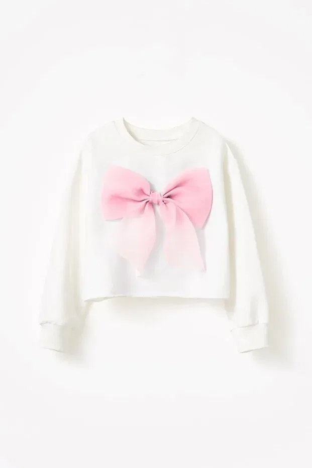 Детские свитшот для девочек с бантом Anastasia organza bow crop Banamio, Ecru-Pink