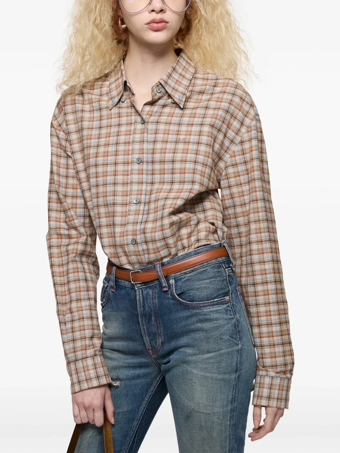 Хлопково-льняная рубашка в клетку Acne Studios, нейтральные — фото 3