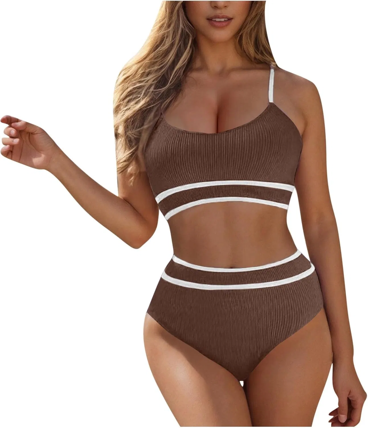Женский бикини с цветными блоками ribbed Two Piece Swimsuit, Coffee