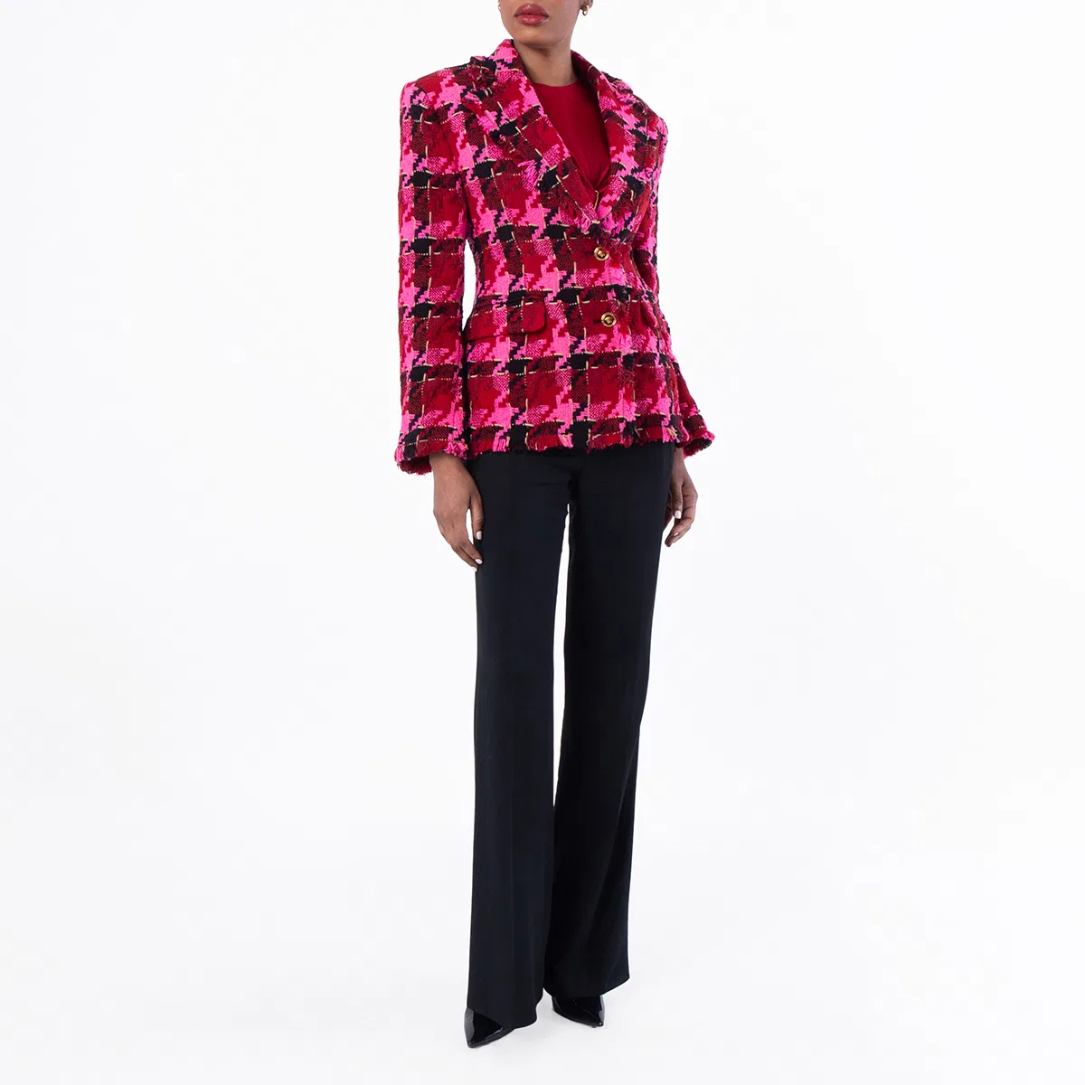 Жакет с принтом в клетку Medusa Tweed Check Versace, Parade Red/Fuchsia — фото 3