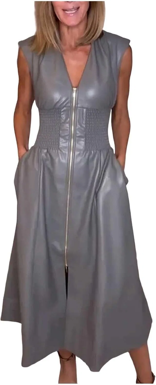 Женское платье из PU кожи с V-образным вырезом, Gray